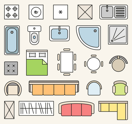 Vector set of colorful isolated interior design floor plan objects icons