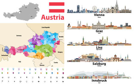 Austria map colored by states showing districts boundaries, with neighbouring countries. Austrian cities skylines. Flag of Austria. Navigation and location icons set. Vector illustrationのイラスト素材