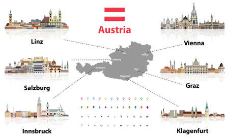 Austria map with main austrian cities skylines' flat style colorful icons. Navigation and location icons set. Vector illustrationのイラスト素材