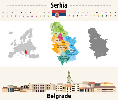 Serbia administrative divisions map. Flag of Serbia. Belgrade cityscape. Vector illustrationのイラスト素材