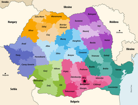Counties of Romania colored by regions with neighboring countries and territories vector mapのイラスト素材