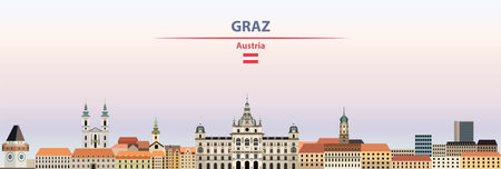 Graz cityscape on sunset sky background vector illustration with country and city name and with flag of Austriaのイラスト素材