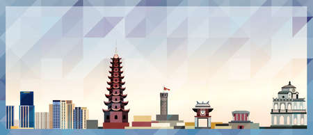 Hanoi skyline vector colorful poster on beautiful triangular texture backgroundのイラスト素材