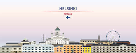Helsinki cityscape on sunset sky background vector illustration with country and city name and with flag of Finlandのイラスト素材