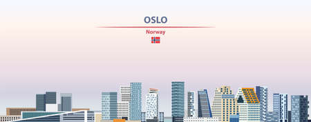 Oslo cityscape on sunset sky background vector illustration with country and city name and with flag of Norwayのイラスト素材