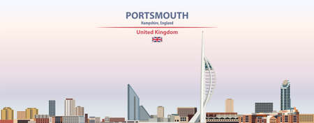 Portsmouth cityscape on sunset sky background vector illustration with country and city name and with flag of United Kingdomのイラスト素材