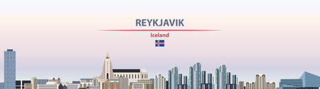 Reykjavik cityscape on sunset sky background vector illustration with country and city name and with flag of Icelandのイラスト素材