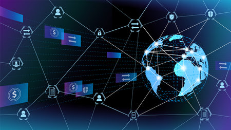 Worldwide inetrnet technology vector abstract background. Money transfer, online connection, secure data exchangeのイラスト素材