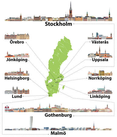 Sweden map with main cities on it and skylines detailed illustrationsのイラスト素材