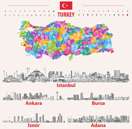 Turkish skylines in grayscale color palette. Flag and map of Turkeyのイラスト素材