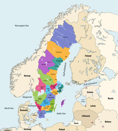 Counties of Sweden veector map with neighboring countries and territoriesのイラスト素材