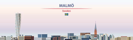 MalmÃ¶ cityscape on sunset sky background vector illustration with country and city name and with flag of Swedenのイラスト素材