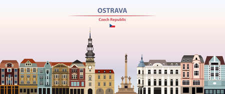 Ostrava cityscape on sunset sky background vector illustration with country and city name and with flag of Czech Republicのイラスト素材