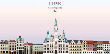 Liberec cityscape on sunset sky background vector illustration with country and city name and with flag of Czech Republicのイラスト素材
