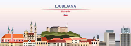 Ljubljana cityscape on sunset sky background vector illustration with country and city name and with flag of Sloveniaのイラスト素材
