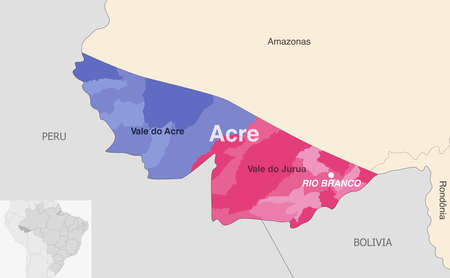 Brazil state Acre administrative map showing municipalities colored by state regions (mesoregions)のイラスト素材