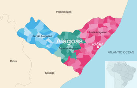 Brazil state Alagoas administrative map showing municipalities colored by state regions (mesoregions)のイラスト素材