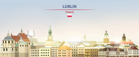 Lublin cityscape on sunrise sky background with bright sun shine. vector illustrationのイラスト素材