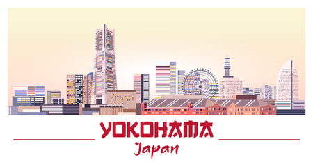 Yokohama skyline in bright color palette vector illustrationのイラスト素材