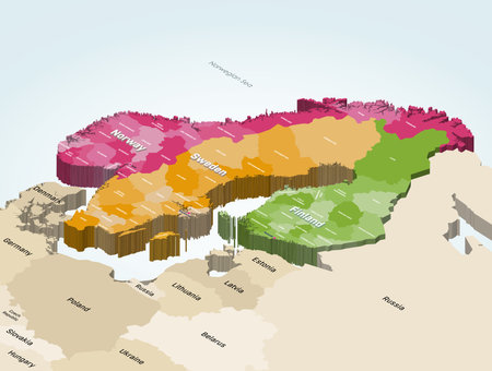Finland regions, Sweden provinces and Norway regions isometric colorful vector map with neighboring countries on backgroundのイラスト素材