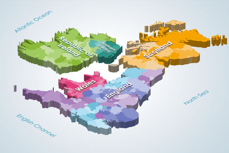 British Isles 3d (isometric) map colored by countries and subdivisionsのイラスト素材