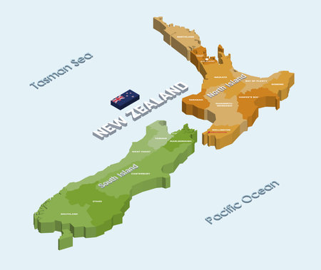New Zealand 3d (isometric) map colored by regions on light blue backgroundのイラスト素材