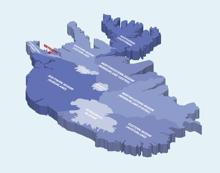 Iceland 3d (isometric) map colored by regions on light blue backgroundのイラスト素材