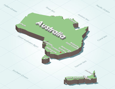 Australia and New Zealand 3d (isometric) map with biggest cities on itのイラスト素材