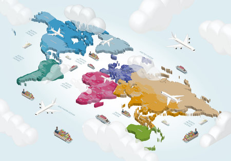 World political map with airplanes, ships and clouds. Isometric 3d vector illustrationのイラスト素材