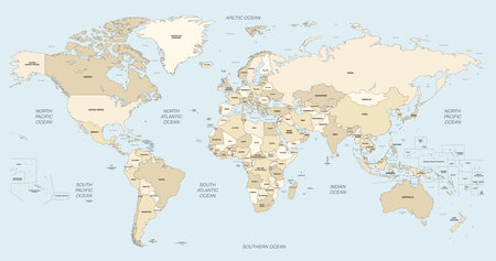World map vector high detailed illustration with names of countries, oceans, main seas and lakes. Soft beige color paletteのイラスト素材