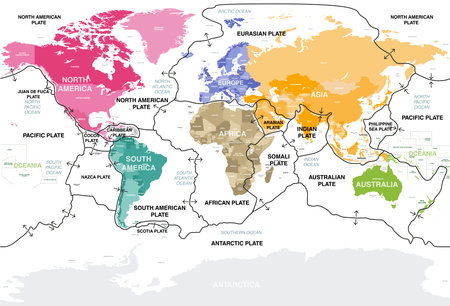Tectonic plates on Earth's surface. World map with names of countries, continents, oceans, main seas and lakes. Vector illustrationのイラスト素材