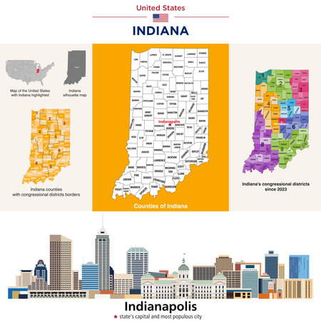 Indiana counties map and congressional districts since 2023 map. Indianapolis skyline â state's capital and most populous city. Vector setのイラスト素材