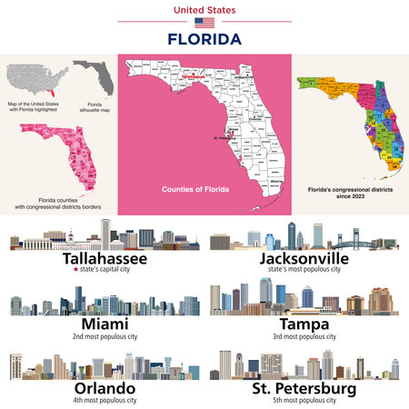 Florida counties map and congressional districts since 2023 map. State's capital city and state's largest cities skylines. Vector setのイラスト素材