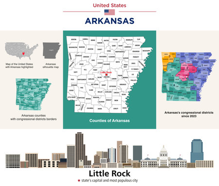 Arkansas's counties map and congressional districts since 2023 map. Little Rock skyline â state's capital and most populous city. Vector setのイラスト素材