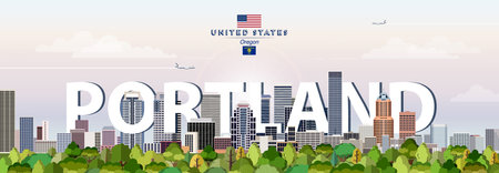 Portland city skyline colorful vector illustration. Travel posterのイラスト素材