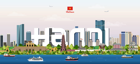 Hanoi cityscape colorful vector illustration with big city name on the background. Travel trendy posterのイラスト素材