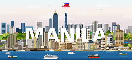 Manila cityscape colorful vector illustration with big city name on the background. Travel trendy posterのイラスト素材