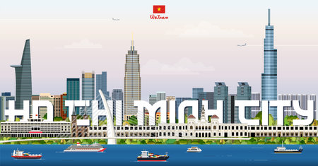 Ho Chi Minh City cityscape colorful vector illustration with big city name on the background. Travel trendy posterのイラスト素材