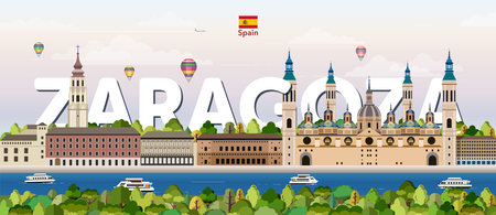 Zaragoza cityscape colorful vector illustration with big city name on the background. Travel trendy posterのイラスト素材