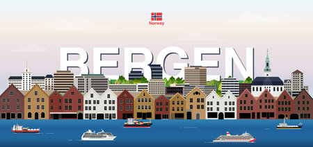 Bergen cityscape colorful vector illustration with big city name on the background. Travel trendy posterのイラスト素材