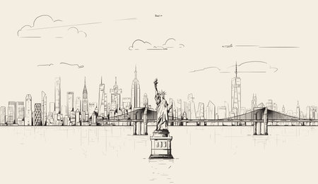 New York skyline in sketch drawing style on a soft brown background. Vector illustrationのイラスト素材