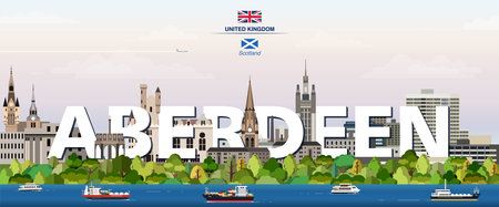 Aberdeen graphic stylized cityscape colorful vector illustration with big city name on the backgroundのイラスト素材