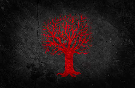 Red Painted Tree on Dark Concrete Wall Background  Beautiful Grunge Wallpaper の写真素材