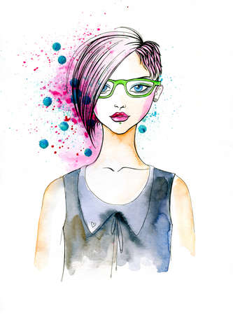 Stylish Illustration of a Girl with Fashionable Hairstyle の写真素材