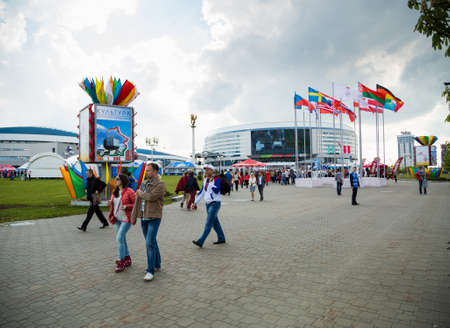 MINSK, BELARUS - MAY 9 - Minsk Arena on May 9, 2014 in Belarus  Ice Hockey Championship Opening  Stadium with Flags of Countries Participating in 2014 World Championship IIHF のeditorial素材