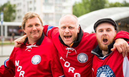 MINSK, BELARUS - MAY 11 - Norway Fans in Front of Chizhovka Arena on May 11, 2014 in Minsk, Belarus  Ice Hockey World Championship  IIHF  のeditorial素材