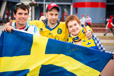 MINSK, BELARUS - MAY 11 - Sweden Fans in Front of Chizhovka Arena on May 11, 2014 in Minsk, Belarus  Ice Hockey World Championship  IIHF  のeditorial素材