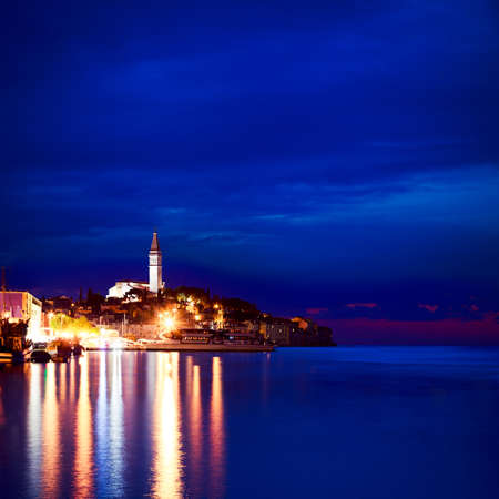 Rovinj View at Night. Medieval Mediterranean Town in Croatia. Popular Tourist Resort of Istria at Adriatic Sea.の写真素材