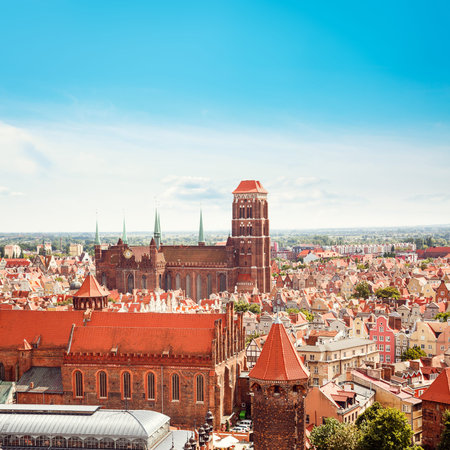 Gdansk Old Town Top View. St. Mary Church. Popular Touristic Destination at Baltic Sea in Poland,...