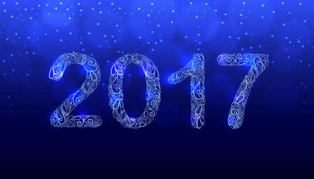 2017 New Year Hand Drawn Vector. Shiny Creative Ornament Numbers Design. Dark Blue Background with Bokeh and Sparkling Snowflakes. Illustration Template for Calendar or Greeting Card.のイラスト素材